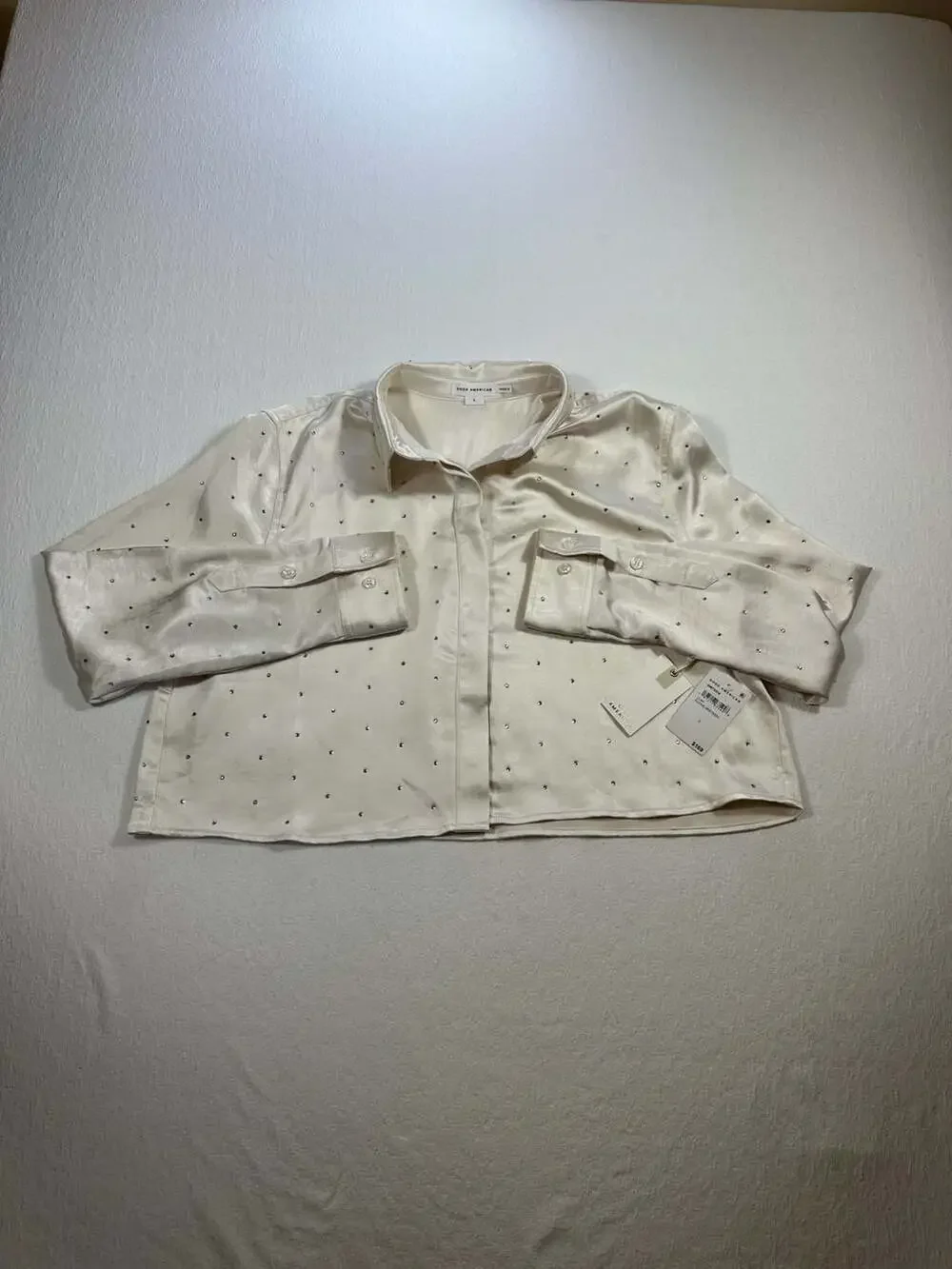 Good American Crystal Embellished Cropped Satin Shirt Cloud White Large - Picture 6 of 12